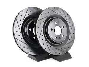 ES#4668337 - 4H0615601P-XS - Rear V5 Dimpled & Slotted Brake Rotors - Set (356x22) - Precision manufactured for consistent stopping power during high performance driving. Featuring a matte black zinc coating for corrosion protection. - ECS - Audi