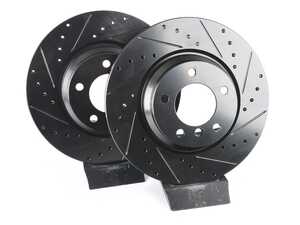 ES#4669130 - 34116854999-XS - Front V5 Drilled & Slotted Brake Rotors - Set (330x24) - Precision manufactured for consistent stopping power during high performance driving. Featuring a matte black zinc coating for corrosion protection. - ECS - BMW