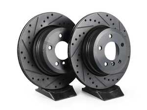 ES#4668948 - 34216864053-XS - Rear V5 Drilled & Slotted Brake Rotors - Set (320x20) - Precision manufactured for consistent stopping power during high performance driving. Featuring a matte black zinc coating for corrosion protection. - ECS - BMW