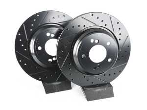 ES#4669053 - 34212229379-XS - Rear V5 Drilled & Slotted Brake Rotors - Set (328x20) - Precision manufactured for consistent stopping power during high performance driving. Featuring a matte black zinc coating for corrosion protection. - ECS - BMW