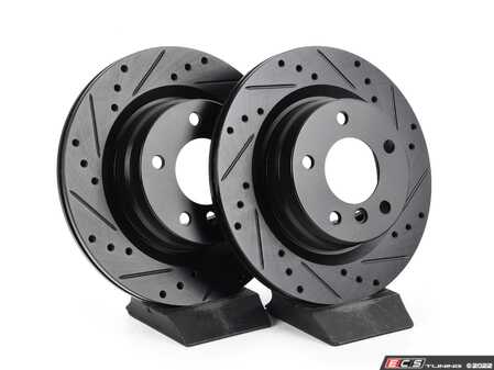 ES#5457317 - 3421686489KT2 - Performance Rear Brake Service Kit - Featuring ECS V5 drilled & slotted rotors and ECS EP24 "Enthusiast Performance" pads. - Assembled By ECS - BMW