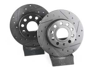 ES#4668401 - 1K0615601AJ-XS - Rear V5 Drilled & Slotted Brake Rotors - Set (260x12) - Precision manufactured for consistent stopping power during high performance driving. Featuring a matte black zinc coating for corrosion protection. - ECS - Audi Volkswagen