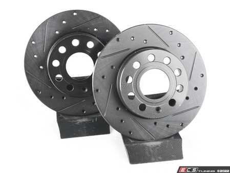 ES#4668401 - 1K0615601AJ-XS - Rear V5 Drilled & Slotted Brake Rotors - Set (260x12) - Precision manufactured for consistent stopping power during high performance driving. Featuring a matte black zinc coating for corrosion protection. - ECS - Audi Volkswagen