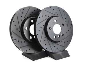 ES#4668622 - 34116799351-XS - Front V5 Drilled & Slotted Brake Rotors - Set (307x24) - Precision manufactured for consistent stopping power during high performance driving. Featuring a matte black zinc coating for corrosion protection. - ECS - MINI