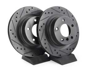 ES#4668972 - 34216855005-XS - Rear V5 Drilled & Slotted Brake Rotors - Set (300x20) - Precision manufactured for consistent stopping power during high performance driving. Featuring a matte black zinc coating for corrosion protection. - ECS - BMW