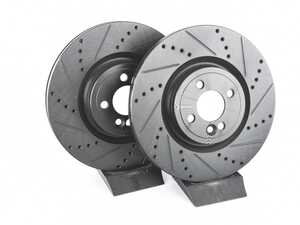 ES#4668612 - 34116858071-XS - Front V5 Drilled & Slotted Brake Rotors - JCW GP2 Set (330x25) - Precision manufactured for consistent stopping power during high performance driving. Featuring a matte black zinc coating for corrosion protection. - ECS - MINI