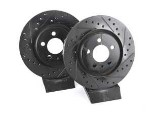 ES#4668413 - 1H0615301A-XS - Front V5 Drilled & Slotted Brake Rotors - Set (280x22) - Precision manufactured for consistent stopping power during high performance driving. Featuring a matte black zinc coating for corrosion protection. - ECS - Volkswagen