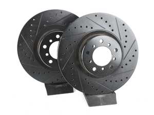 ES#4669187 - 34112229527-XS - Front V5 Drilled & Slotted Brake Rotors - Set (345x32) - Precision manufactured for consistent stopping power during high performance driving. Featuring a matte black zinc coating for corrosion protection. - ECS - BMW