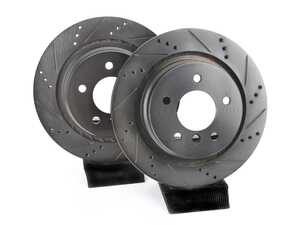 ES#4669058 - 34212227177-XS - Rear V5 Drilled & Slotted Brake Rotors - Set (312x20) - Precision manufactured for consistent stopping power during high performance driving. Featuring a matte black zinc coating for corrosion protection. - ECS - BMW