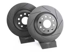 ES#4668389 - 3Q0615601A-S - Rear V5 Slotted Brake Rotors - Set (300x12) - Precision manufactured for consistent stopping power during high performance driving. Featuring a matte black zinc coating for corrosion protection. - ECS - Audi Volkswagen