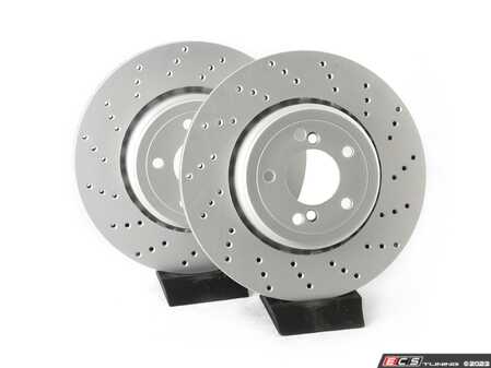 ES#4669050 - 34212283803-X - Rear V5 Drilled Brake Rotors - Set (350x24) - Precision manufactured for consistent stopping power during high performance driving. Featuring a matte black zinc coating for corrosion protection. - ECS - BMW