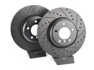 ES#4669136 - 34116778647-XS - Front V5 Drilled & Slotted Brake Rotors - Set (338x26) - Precision manufactured for consistent stopping power during high performance driving. Featuring a matte black zinc coating for corrosion protection. - ECS - BMW