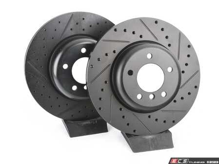 ES#4669136 - 34116778647-XS - Front V5 Drilled & Slotted Brake Rotors - Set (338x26) - Precision manufactured for consistent stopping power during high performance driving. Featuring a matte black zinc coating for corrosion protection. - ECS - BMW