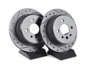 ES#4669043 - 34216755408-XS - Rear V5 Drilled & Slotted Brake Rotors - Set (258x10) - Precision manufactured for consistent stopping power during high performance driving. Featuring a matte black zinc coating for corrosion protection. - ECS - 