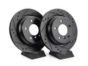 ES#4669022 - 34216767060-XS - Rear V5 Drilled & Slotted Brake Rotors - Set (298x20) - Precision manufactured for consistent stopping power during high performance driving. Featuring a matte black zinc coating for corrosion protection. - ECS - BMW