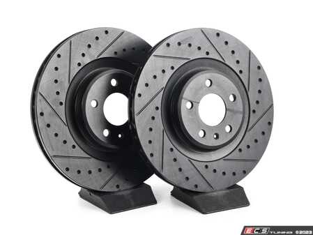 ES#4668212 - 8K0615301M-XS - Front V5 Dimpled & Slotted Brake Rotors - Set (345x30) - Precision manufactured for consistent stopping power during high performance driving. Featuring a matte black zinc coating for corrosion protection. - ECS - Audi