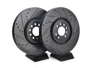 ES#4668201 - 8N0615301B-XS - Front V5 Drilled & Slotted Brake Rotors - Set (334x32) - Precision manufactured for consistent stopping power during high performance driving. Featuring a matte black zinc coating for corrosion protection. - ECS - Audi Volkswagen