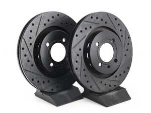 ES#4668325 - 535615301-XS - Front V5 Drilled & Slotted Brake Rotors - Set (280x22) - Precision manufactured for consistent stopping power during high performance driving. Featuring a matte black zinc coating for corrosion protection. - ECS - Volkswagen