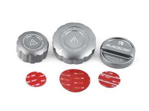 ES#4492814 - S58ECS-G - Blackline Performance Signature Grey Cap Set - S58 - Give the very plain plastic factory oil and coolant caps an upgrade with the brand new BLACKLINE Performance Engine Cap Set. - Goldenwrench Supply Co - BMW