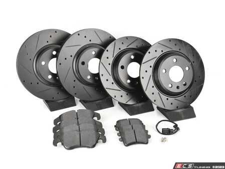 ES#3537732 - 025997ECS0611KT - Performance Front & Rear Brake Service Kit - Featuring ECS V5 Cross Drilled & Slotted rotors and ECS EP24 Enthusiast Performance pads - Assembled By ECS - Audi