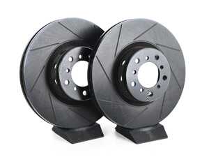 ES#4669188 - 34112229527-S - Front V5 Slotted Brake Rotors - Set (345x32) - Precision manufactured for consistent stopping power during high performance driving. Featuring a matte black zinc coating for corrosion protection. - ECS - BMW