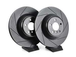 ES#4668988 - 34216795318-S - Rear V5 Slotted Brake Rotors - Set (385x24) - Precision manufactured for consistent stopping power during high performance driving. Featuring a matte black zinc coating for corrosion protection. - ECS - BMW