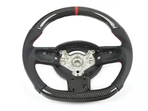 ECS MINI Cooper Flat Bottom Carbon Fiber Steering Wheel (Carbon/Perforated Leather/Red Stitching)  RED Center Stripe - Gen 1 Three Spoke