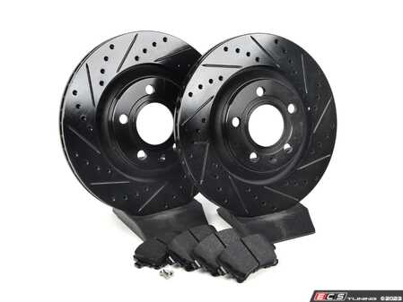 ES#3537674 - 025997ECS0575KT - Performance Rear Brake Service Kit - Featuring ECS V5 Drilled & Slotted rotors and ECS EP24 Enthusiast Performance pads - Assembled By ECS - Audi