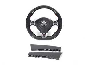 ES#4732898 - 001457LA0102DBKT - 1 - LEAVE SD - MK6 GTI Manual Carbon Fiber Steering Wheel - Perforated Leather With Red Stitching - With FREE Master LED Interior Lighting Kit & ECS Billet Aluminum Parking Brake Handle - 2x2 twill carbon fiber weave with perforated leather grips and red stitching make for a beautiful and functional replacement wheel! - Doorbusters - Volkswagen