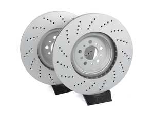 ES#4669203 - 34108093709-X - Front V5 Drilled Brake Rotors - Set (380x36) - Precision manufactured for consistent stopping power during high performance driving. Featuring a matte black zinc coating for corrosion protection. - ECS - BMW