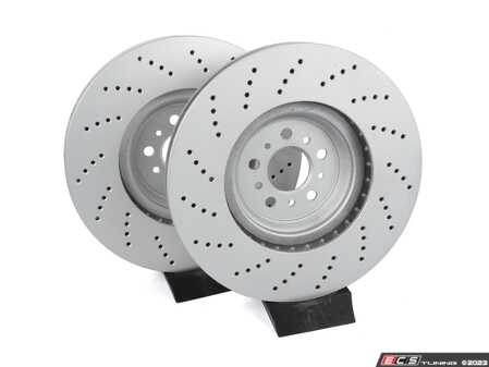 ES#4669203 - 34108093709-X - Front V5 Drilled Brake Rotors - Set (380x36) - Precision manufactured for consistent stopping power during high performance driving. Featuring a matte black zinc coating for corrosion protection. - ECS - BMW