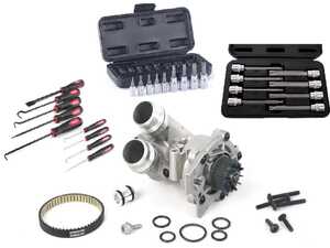 ES#4752748 - 06H121026DDKTKT5 - Upgraded Aluminum Water Pump Kit with Tools - Includes a new water pump, belt, aluminum thermostat/housing, temperature sensor, aluminum union piece, hardware, and the tools - Assembled By ECS - Audi Volkswagen
