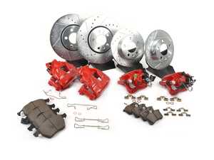 ES#3158185 - KC899-26 - Z26 Extreme Front & Rear Brake Service Kit - with powder-coated calipers (288x25 / 232x9) - Featuring carbon fiber and ceramic hybrid pads that resist fade to 1500 degrees with cross-drilled and slotted performance rotors - Power Stop - Volkswagen