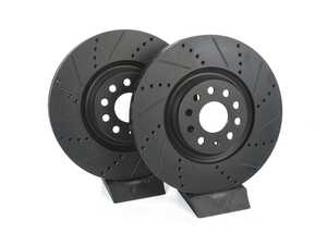 ES#4668191 - 8S0615301D-XS - Front V5 Drilled & Slotted Brake Rotors - Set (338x30) - Precision manufactured for consistent stopping power during high performance driving. Featuring a matte black zinc coating for corrosion protection. - ECS - Audi