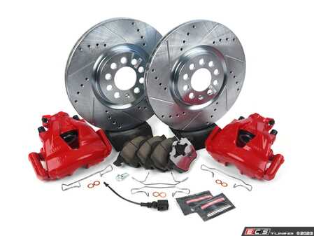 ES#3158186 - KC914-26 - Z26 Extreme Front Brake Service Kit - with Powder-Coated Calipers (312x25) - Featuring carbon fiber and ceramic hybrid pads that resist fade to 1500 degrees with cross-drilled and slotted performance rotors - Power Stop - Audi Volkswagen