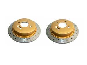 ES#4820678 - dba543xKT - DBA Street Gold Drilled & Slotted Rear - Pair  10.19" (259x10) - Street Series X Gold provides all the benefits of Street Series, with a premium non-directional cross drilled and slotted design, plus an attractive gold finish on the rotor hub. - DBA - MINI