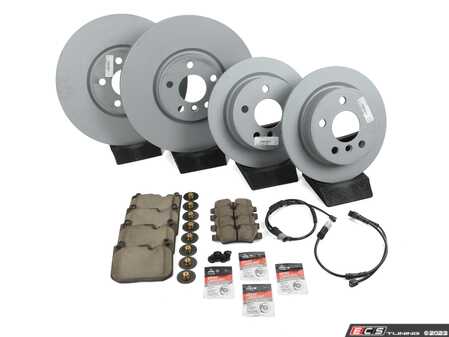 ES#4266047 - 34106881045KT3 - Front & Rear Brake Service Kit - JCW Plain Face Front Rotors - Featuring Zimmerman rotors and ECS DD23 "Daily Driver" ceramic pads. - Assembled By ECS - MINI