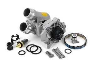 ES#3663665 - 06h121026ddktKT4 - Upgraded Aluminum Water Pump Kit - Includes a new water pump, belt, aluminum thermostat/housing, temperature sensor, aluminum union piece & hardware. - Assembled By ECS - Audi Volkswagen