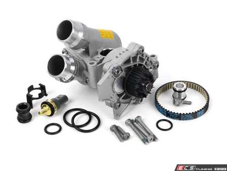 ES#3663665 - 06h121026ddktKT4 - Upgraded Aluminum Water Pump Kit - Includes a new water pump, belt, aluminum thermostat/housing, temperature sensor, aluminum union piece & hardware. - Assembled By ECS - Audi Volkswagen