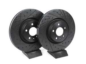 ES#4668184 - 8W0615301AB-XS - Front V5 Dimpled & Slotted Brake Rotors - Set (338x30) - Precision manufactured for consistent stopping power during high performance driving. Featuring a matte black zinc coating for corrosion protection. - ECS - Audi