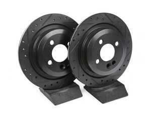 ES#4470893 - 28002-32016 - R1 Concepts Disc Brake Rotor Set - Drilled and Slotted - Black JCW Rear Pair 11.02" (280x10) - Upgrade to a slotted/drilled rotors for improved braking - R1 Concepts - MINI