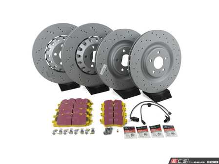 ES#4820213 - 4M0615301ASXKT2 - Performance Front And Rear Brake Service Kit  - Featuring Zimmerman Cross Dilled rotors, EBC Yellowstuff brake pads, stainless set screws and silicone brake lubricant - Assembled By ECS - Audi