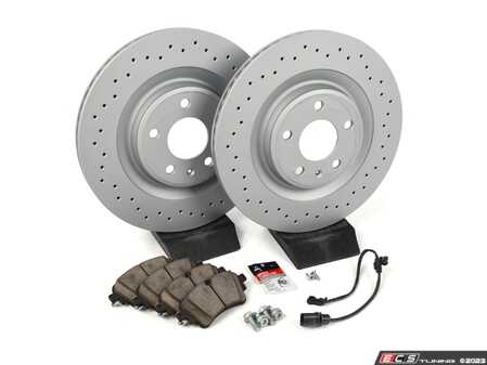 ES#4846192 - 4M0615301AN8KT3 - Rear Brake Service Kit - Featuring Zimmermann Cross-Drilled rotors and ECS DD23 "Daily Driver" ceramic pads - Includes set screws, brake wear sensors, and silicone brake lubricant - Assembled By ECS - Audi