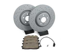 ES#4846191 - 4M0615301AN8KT2 - Front Brake Service Kit - Featuring Zimmermann Cross-Drilled rotors and ECS DD23 "Daily Driver" ceramic pads - Includes set screws, brake wear sensors, and silicone brake lubricant. - Assembled By ECS - Audi