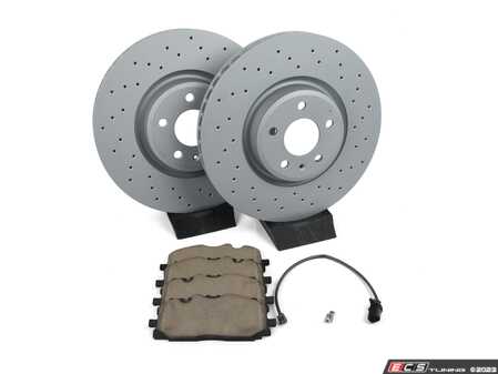 ES#4846191 - 4M0615301AN8KT2 - Front Brake Service Kit - Featuring Zimmermann Cross-Drilled rotors and ECS DD23 "Daily Driver" ceramic pads - Includes set screws, brake wear sensors, and silicone brake lubricant. - Assembled By ECS - Audi