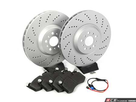 ES#4685664 - 34108093705AKT - Front Brake Service Kit - Featuring Performance V5 Drilled Rotors - Assembled By ECS - BMW