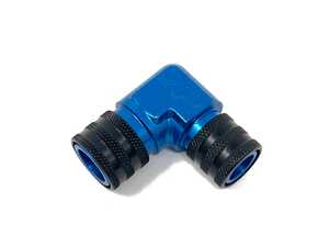 ES#4690314 - 201-0182 - Fuel Line Fitting 90 Degree Double Quick Connect 9.89mm To 7.89mm - 90 degree fitting featuring a 7.89mm female quick connect on one end and a 9.89mm female quick connect on the other.  Featuring our Air Hose style quick connects for easy connections!  As found in the MK7 Stage 4 fuel pump & line kit. - Precision Raceworks - Audi BMW Volkswagen Mercedes Benz MINI Porsche