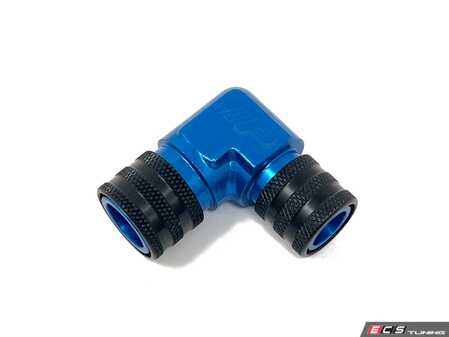 ES#4690314 - 201-0182 - Fuel Line Fitting 90 Degree Double Quick Connect 9.89mm To 7.89mm - 90 degree fitting featuring a 7.89mm female quick connect on one end and a 9.89mm female quick connect on the other.  Featuring our Air Hose style quick connects for easy connections!  As found in the MK7 Stage 4 fuel pump & line kit. - Precision Raceworks - Audi BMW Volkswagen Mercedes Benz MINI Porsche