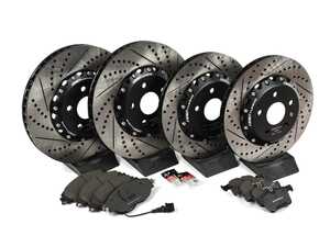 ES#4829992 - 013928ecs1234KT - Front And Rear Cross-Drilled & Slotted 2-Piece Brake Kit (340x30/310x22) - Killer street setup to squeeze all the stopping power out of your stock calipers! Includes ECS EP24 Enthusiast Performance brake pads. - Assembled By ECS - Audi Volkswagen