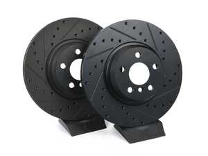 ES#4810628 - 34116860907-XS - Front V5 Drilled & Slotted Brake Rotors - Set (330x24) - Precision manufactured for consistent stopping power during high performance driving. Featuring a matte black zinc coating for corrosion protection. - ECS - BMW